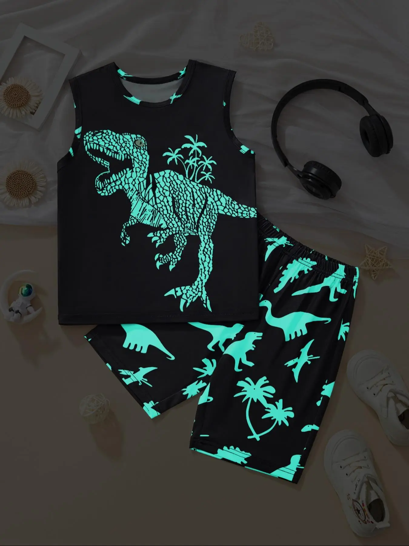 Two-Piece Set Boy's Cartoon Dinosaur Print Tank & Elastic Waist Shorts Set, Casual Round Neck Top & Shorts for Daily Wear, Kids Summer Clothes