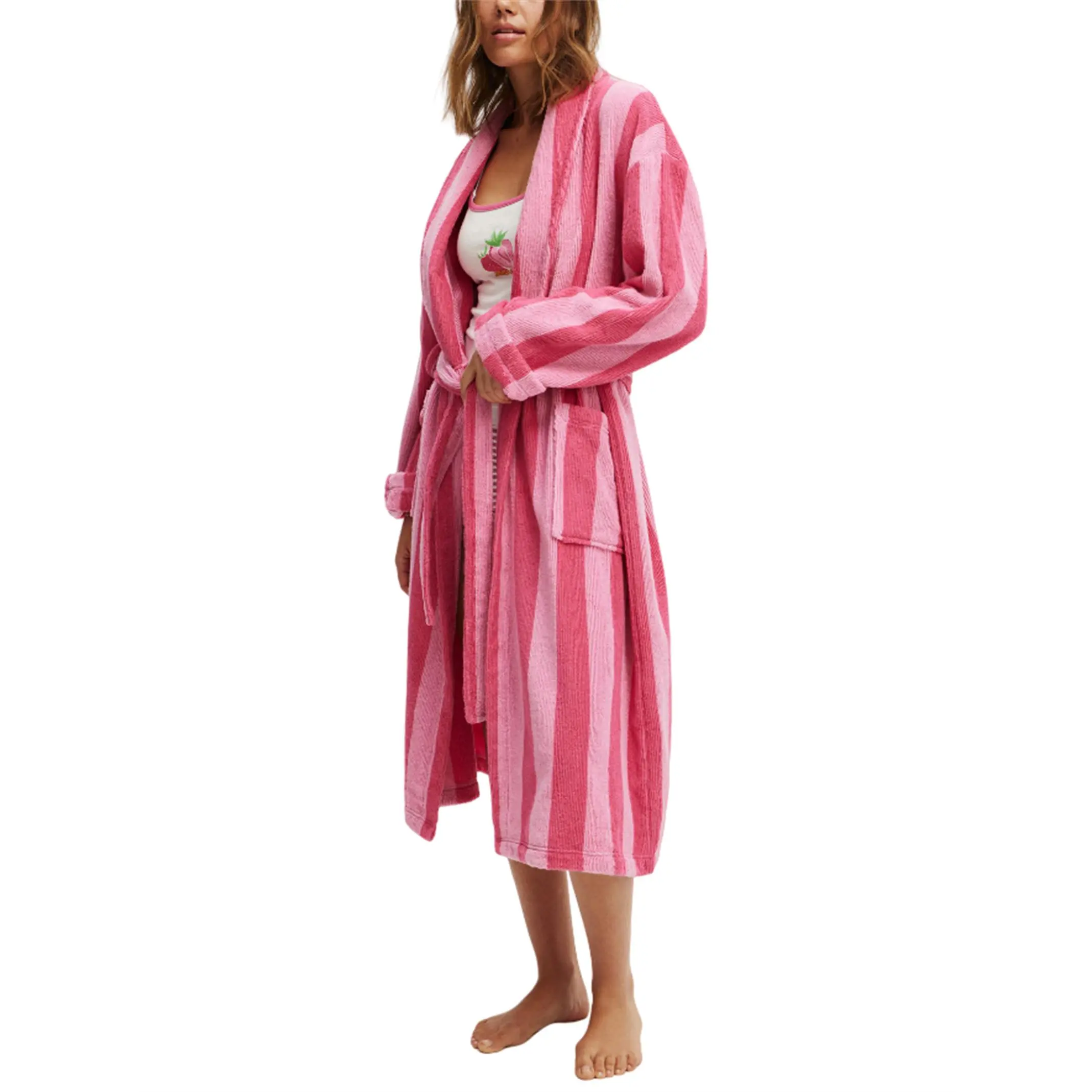 Womens Shawl Robe Plush Striped Fluffy Bathrobe Long Sleeve Knee Length Lounge Robes Dressing Gowns Loungewear with Pocket