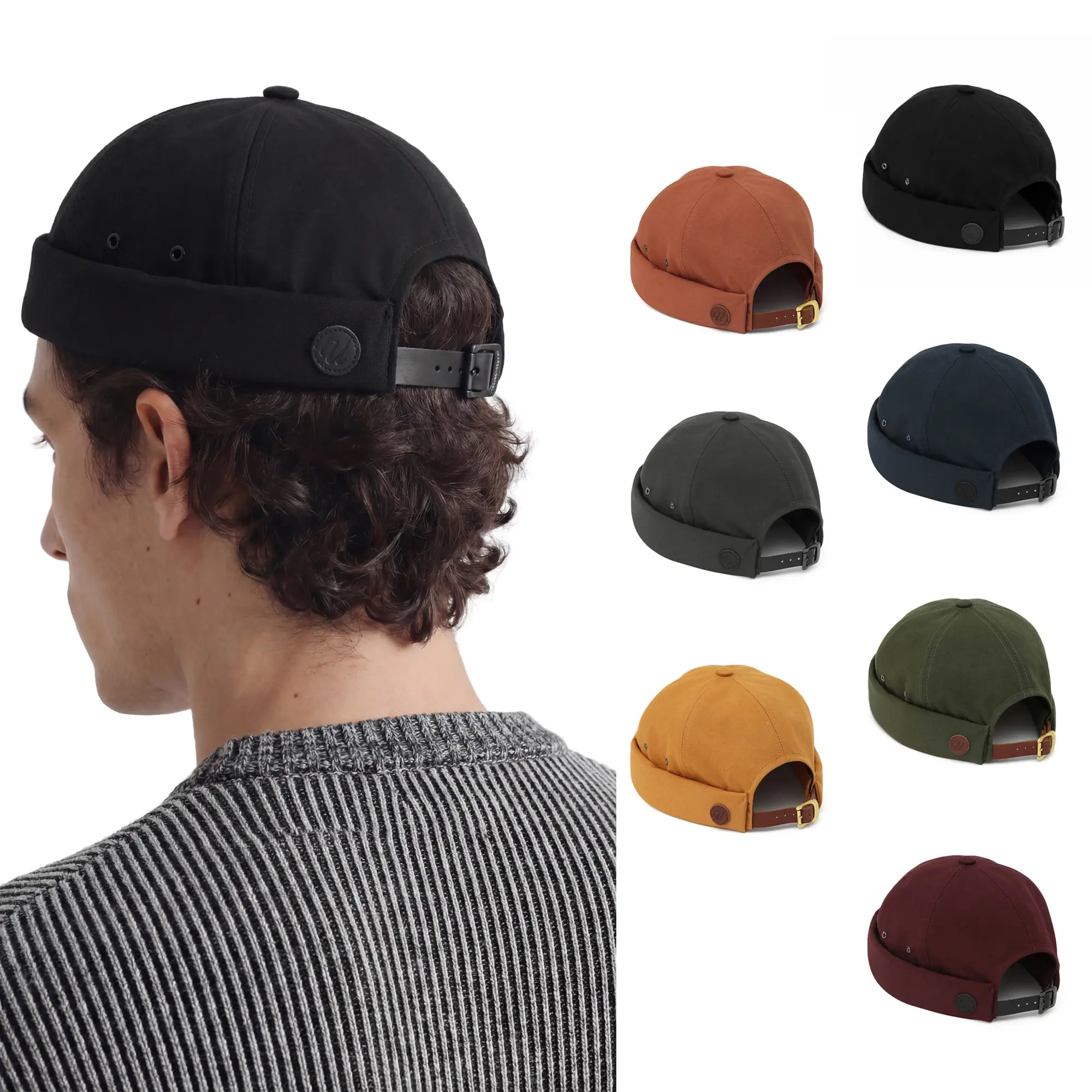 UNDERCONTROL Brimless Cotton Sailor Hat – Vintage Fisherman Miki Cap with Rolled Cuff and Adjustable Leather Strap, Unisex Docker Beanie No Visor Skull Hat Made in Korea