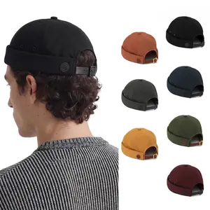 UNDERCONTROL Brimless Cotton Sailor Hat – Vintage Fisherman Miki Cap with Rolled Cuff and Adjustable Leather Strap, Unisex Docker Beanie No Visor Skull Hat Made in Korea