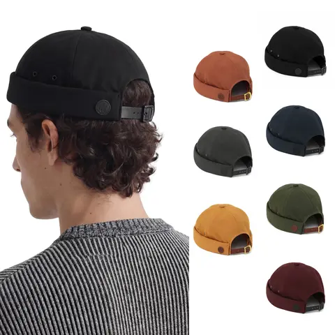 UNDERCONTROL Brimless Cotton Sailor Hat - Vintage Fisherman Miki Cap with Rolled Cuff, Real Leather Strap and Brass Buckle, Low 4 in Crown Fits 56-60 cm, Unisex Docker Beanie No Visor Skull Hat Made in Korea