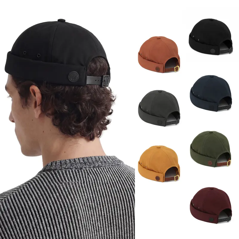 UNDERCONTROL Brimless Cotton Sailor Hat - Vintage Fisherman Miki Cap with Rolled Cuff, Real Leather Strap and Brass Buckle, Low 4 in Crown Fits 56-60 cm, Unisex Docker Beanie No Visor Skull Hat Made in Korea