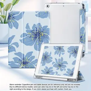 Minimalist blue floral pattern, adjustable stand and pen slot, foldable non-slip TPU protective case, suitable for Samsung, iPad mini, iPad Air, iPad Pro/iPad 10th generation, 11th generation and other iPad models.