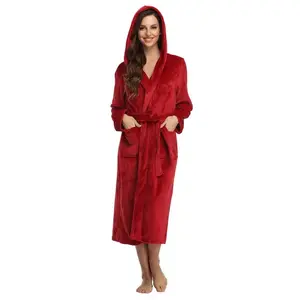 Local Stock Plush Oversize Winter Soft Warm Long Flannel Bathrobe with Hooded Women Thick Night Fleece Robe Breathable Fabric for Loungewear & Nightwear