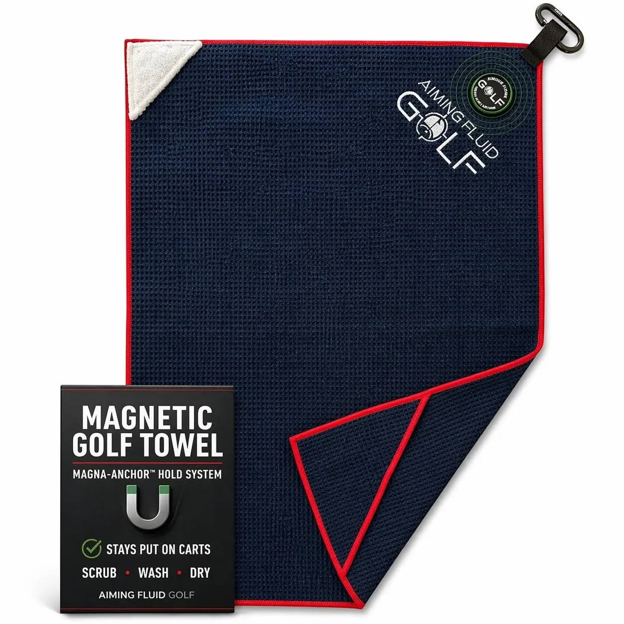 Aiming Fluid Magnetic Golf Towel - Scrub Pad with Magna-Anchor Magnet - Absorbent Microfiber - Golf Gift in Wash Pocket