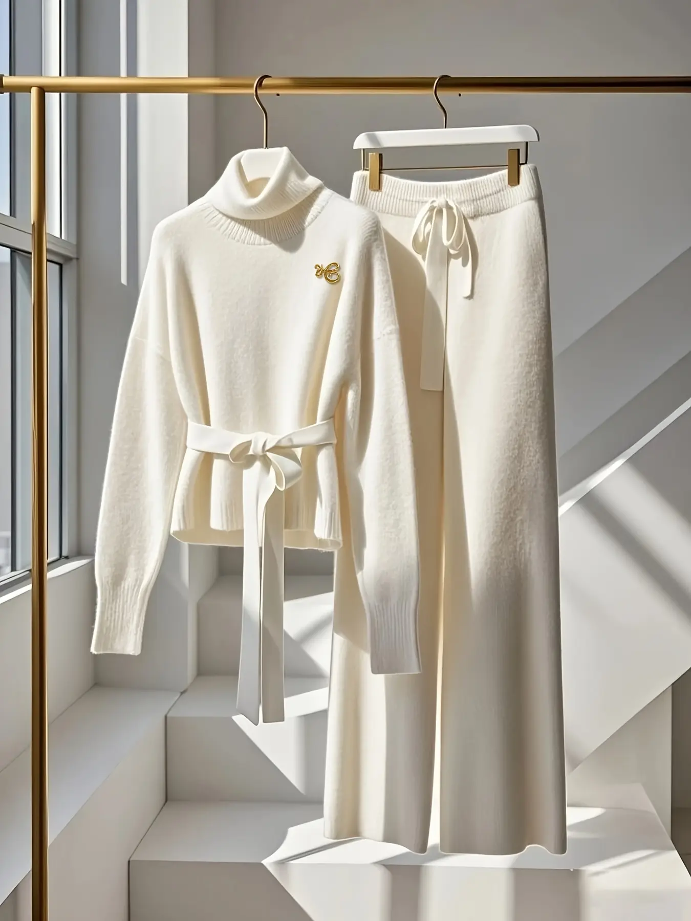 Women's Fashionable Casual Fitted High Neck Long Sleeve Sweater Pants Matching Set, Autumn Winter New Style Commuter, Elegant Ladies Clothing for Daily Wear Womenswear Outfit Clothes Set