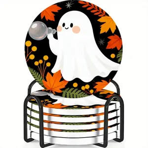 6-Piece Coaster Set Bubble Ghost Design Ceramic Non-Slip Heat Resistant Coffee Drink Home Decor Ideal Birthday Gift