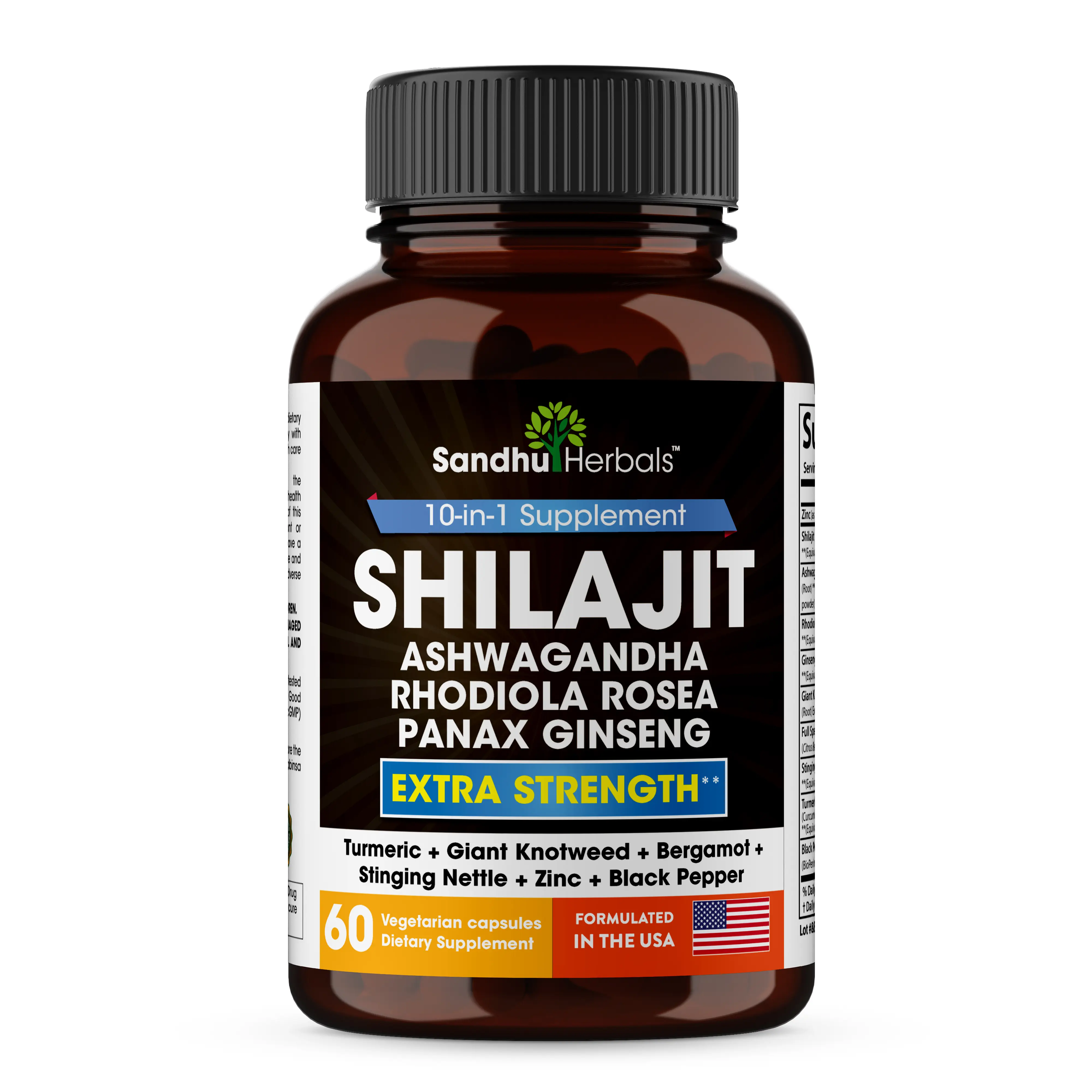【Sandhus】Herbals Shilajit Himalayan All in 1 supplement, 60 capsules with Ashwagandha, Rhodiola Rosea, Panax Ginseng, Stinging Edible Healthcare