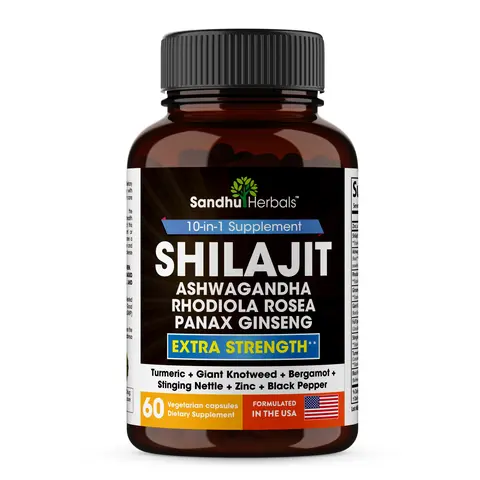 【Sandhus】Herbals Shilajit Himalayan All in 1 supplement, 60 capsules with Ashwagandha, Rhodiola Rosea, Panax Ginseng, Stinging Edible Healthcare