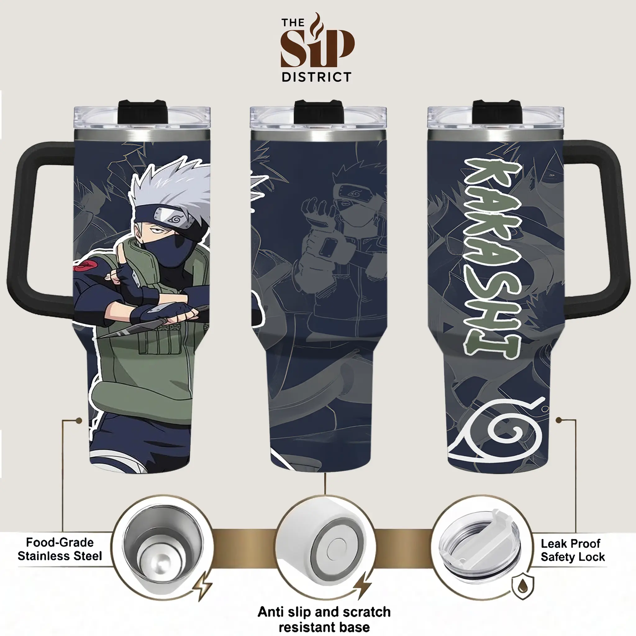 The Sip District. Kakashi Anime 20oz 30oz 40oz Stainless Steel Tumbler with Handle, Manga Inspired Insulated Travel Mug, Double Wall Vacuum Coffee Cup, Leakproof Thermal Drinkware, Reusable Anime Gift for Ninja Fans