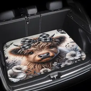 1pc Heavy-Duty Highland Cow Print Car Trunk Mat - Fit SUV, Sedan, Truck - Extra Large Scottish Cow Design with Plaid Bow & Scottish Fold-like Ears - Machine Washable Cargo Liner for Pet Travel, Camping, Auto Accessories