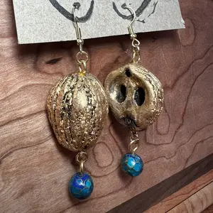 Gold Leaf Black Walnut Shell Earrings with Blue Beads - Handmade Repurposed
