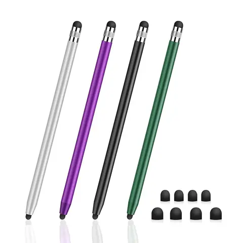 4 x 2-in-1 Plastic Digital Capacitive Stylus Pens Set - High-Sensitivity 0.20’’ Fine Rubber Tip, 4 Extra Replaceable Tips, Universal for Smartphones, iPads, Tablets, Android Devices, Computers, Sports Use Accessories