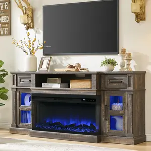 3-Side Fireplace TV Stand for up to 80 Inch TV, LED Entertainment Center with 36 Inch Electric Fireplace, Farmhouse TV Console Table w/Drawers & Cabinets for Living Room, Dark Rustic Oak