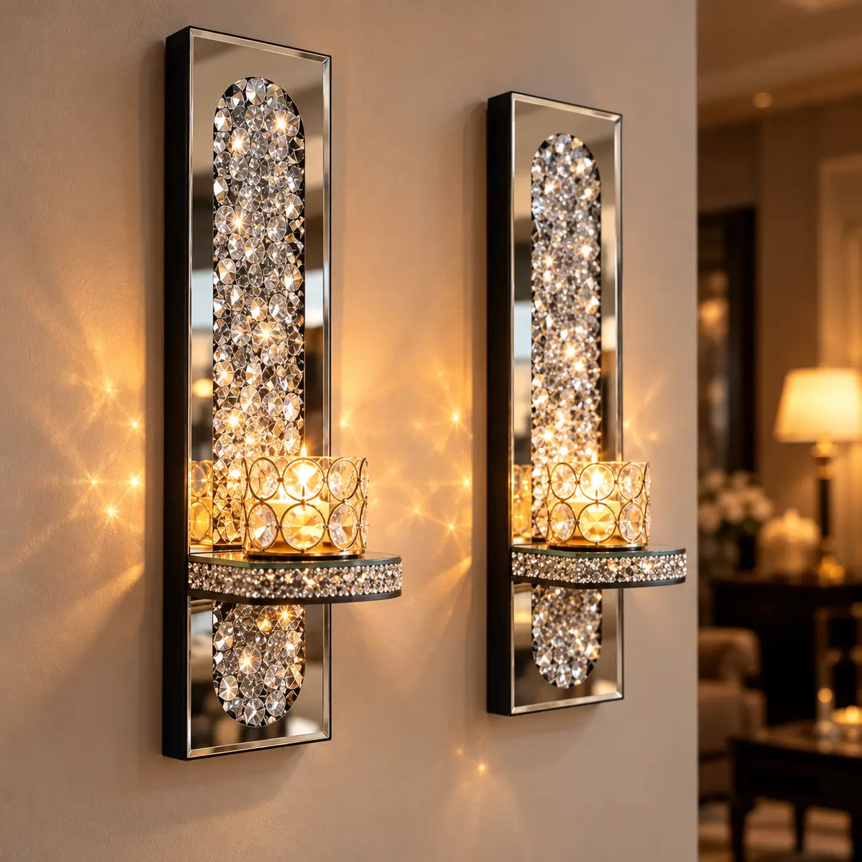 2-Piece Wall-Mounted Candle Holders - Elegant Mirrored, Crystal Accent Room Accessories, Luxury Bedroom Decor, House Decor for Living Room, Entryway, Christmas Decorations