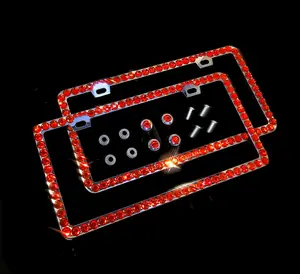 Dazzling Addiction 2 3D Bling License Plate Frames Big Chunky Rhienstones Red Rainbow Made in USA Handmade 1 Row Holder Screw Caps Personalizable Customizable Customized Bedazzled Sparkly Shimmering for Girls and Women 2 Holes Crystals Diamond