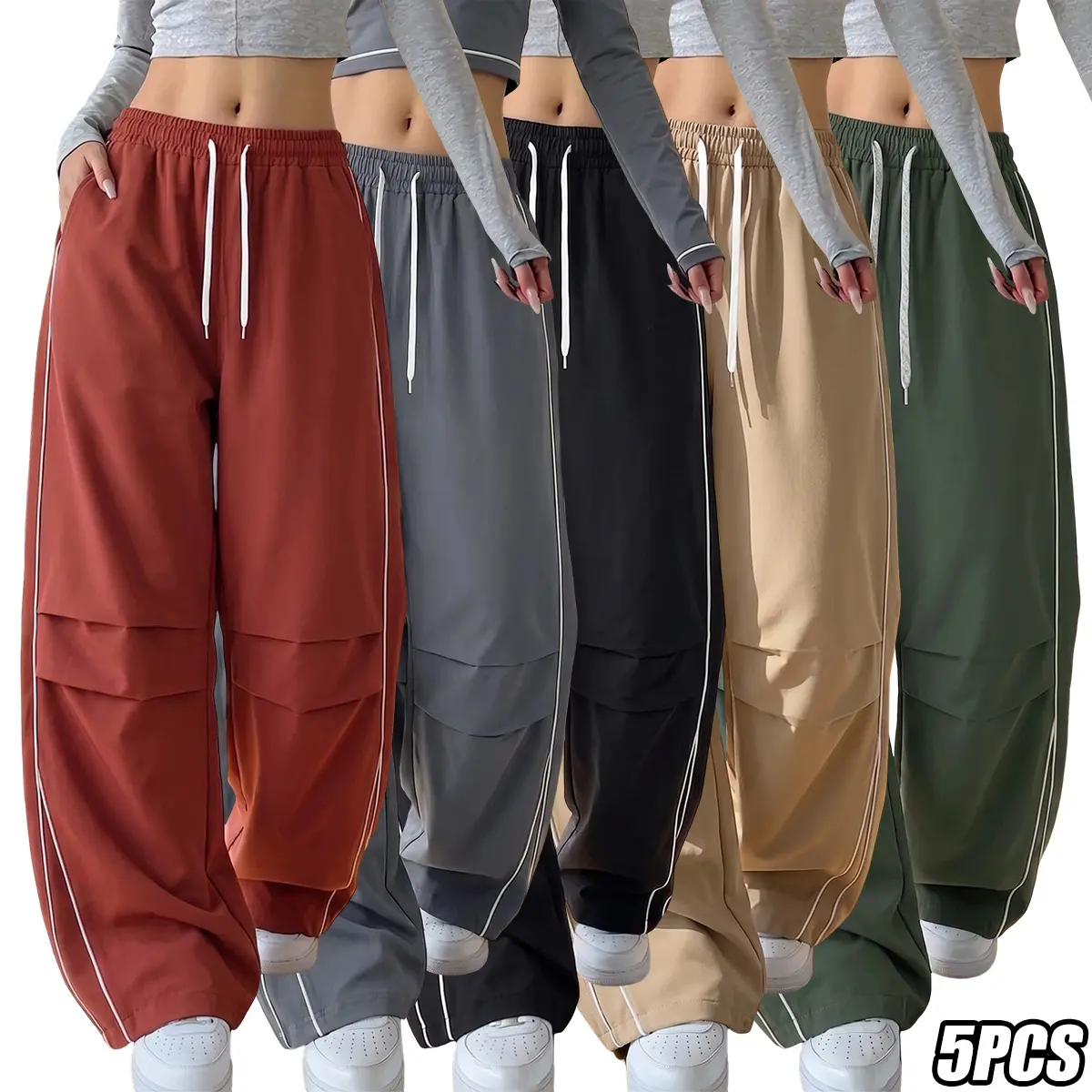JOGWAVE 5PCS Women’s Wide-Leg Cargo Pants, asymmetrical striped curved design on both sides, elastic waistband with drawstring, urban casual style, Y2K aesthetic, simple yet fashionable