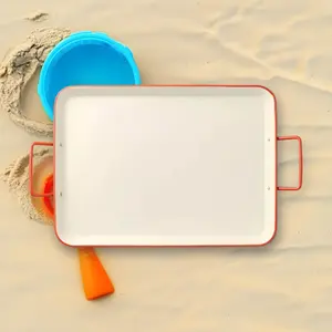 Hearth & Hand Serving Tray,Enamel Metal,Rectangular,Cream Orange,Trending Kitchenware,TikTok Hot Sale,Decorative Platter for Entertaining,Rustic Farmhouse Design