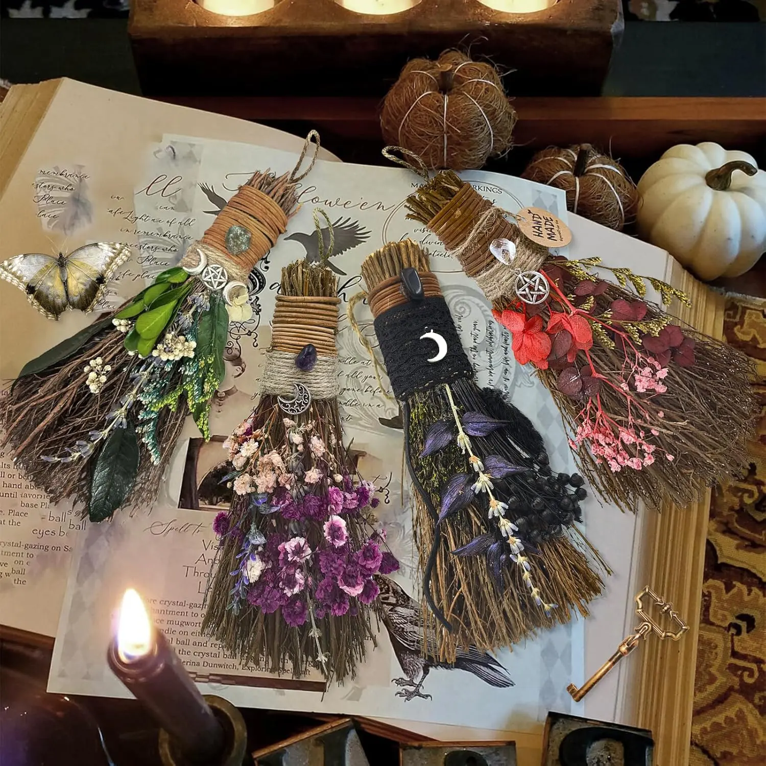 7.5 Inch Handmade Mini Cinnamon Witch Broom - Crystal Herbal Scented Altar Ornament, Witchy Gifts for Wiccan Altar Witchcraft, Halloween Christmas Home Decoration Hanging Decor