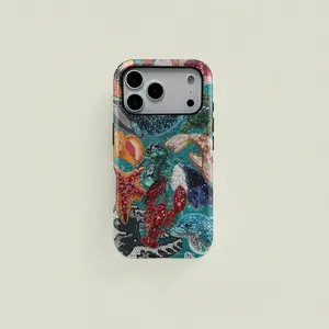 Ocean-themed protective case with colorful marine life patchwork pattern in sea blue. Durable 2-in-1 case suitable for iPhone 17/16/15/14/13/12/11 Pro Max/Plus/Pro and Samsung Galaxy S25/S24/S23 Ultra series. Simple and stylish phone case.