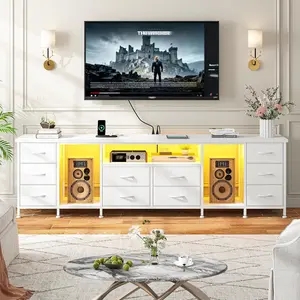 RaybeeFurniture Fits 85" TV Stand Dresser for 75/80/85 Inch TV, 75.5" W Dresser TV Stand for Bedroom with LED & Power Outlets, 10 Drawers Dresser for Bedroom Long Fabric Dresser Entertainment Center