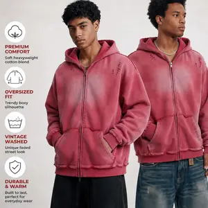 Vintage Washed Zip Up Hoodie Heavyweight 400G Oversized Faded Hoodie Y2K Streetwear Full Zip Jacket Layer Pullover Menswear Soft