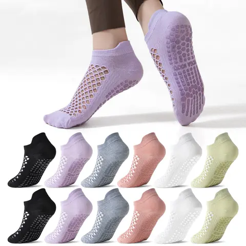 Women's 12-Pair Anti-Slip Grip Cotton Ankle Socks - Mesh Holes, Breathable Fabric, Barefoot Design for Yoga, Workout, All Seasons, Machine Washable Anti Slip Socks