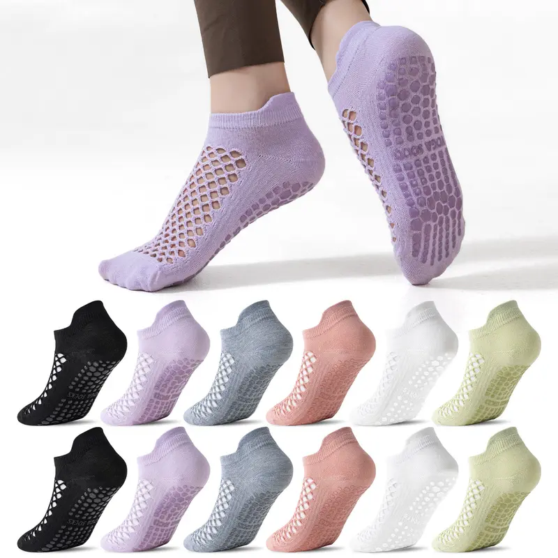 Women's 12-Pair Anti-Slip Grip Cotton Ankle Socks - Mesh Holes, Breathable Fabric, Barefoot Design for Yoga, Workout, All Seasons, Machine Washable Anti Slip Socks