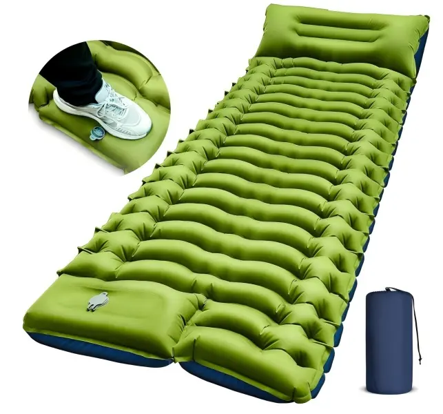 Inflatable Camping Sleeping Pad with Built-in Pillow, Ft Pump, Foldable Design - Ultralight, Compact, Waterproof, Thick Air Mattress with Ample Space for Tent Camping, Beach, Road Trips - Single Green Backpacking Gear, Portable, Foot Pump