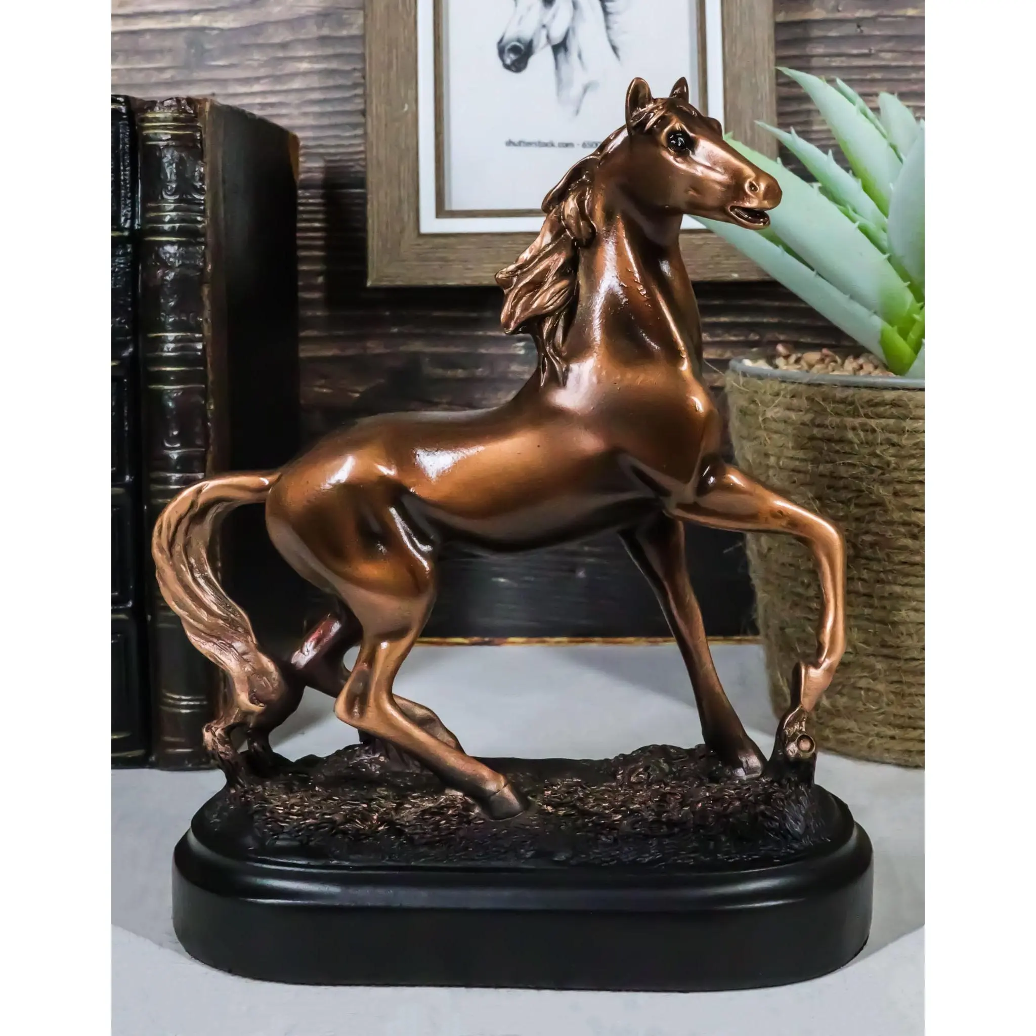 Bronzed Resin Horse Sculpture with Base - Rustic Western Country Equestrian Decor, Bronze Finish Display Decor for Home, Wooden