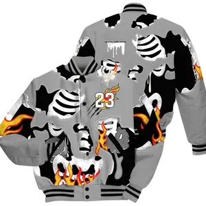 Varsity Jacket To Match Black Wolf Grey 12s - Skeleton Smile Flame Drip All Over Print 1ED