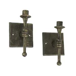 Set of 2 Antique Bronze Torchbearer Sconces - 8in Rustic Candle Holders for Elegance