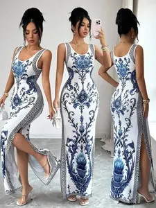 Elegant Printed Chinese Style Belted Split Hem Luxurious Vintage Middle Eastern Uae Robe, New Arrival Print Dress