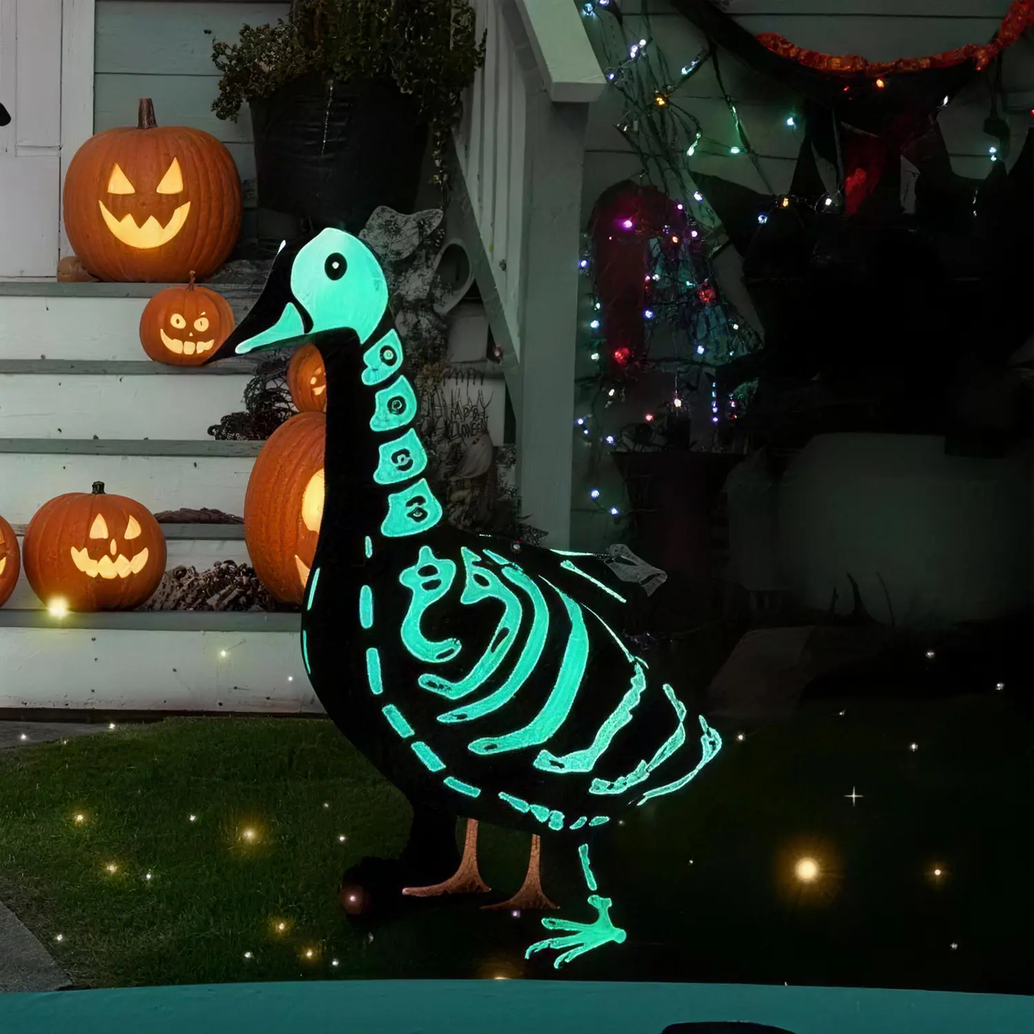 Halloween Garden Goose Statue Accessory - Glow-in-Dark Full Body Skeleton Pumpkin Outfit, Fits 23in/23 inches Statue, Funny Spooky Outdoor Porch Decor