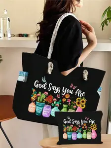 Christian Inspirational Bible Verse Canvas Bag, Reusable Beach Bag, Large Shopping Bag with Rope Handle, Gift for Women, Moms, Friends, Teachers