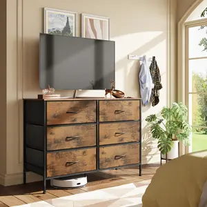 WLIVE Wide Dresser with 6 Drawers, TV Stand for 50 Inches TV, Entertainment Center with Metal Frame, Wooden Top, Fabric Storage Dresser for Bedroom, Hallway, Entryway