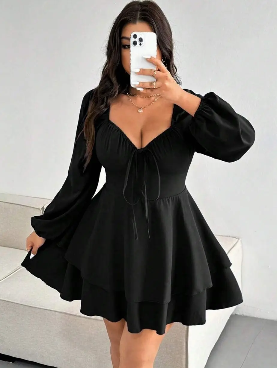 Plus-Size Women's Double-Layer A-Line Bow Red Christmas Dress For New Year's And Valentine's Day Fall