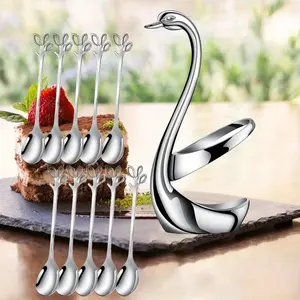 1 set Silver Stainless Steel Cutlery Storage Rack Set, 1 Pcs Swan Base, with 10 Pcs 4.7 in Leaf Shaped Dessert Spoon, for Fruit Salad Coffee Elegant Home Kitchen or Dining Table Decor, Textiles & Soft Furnishing