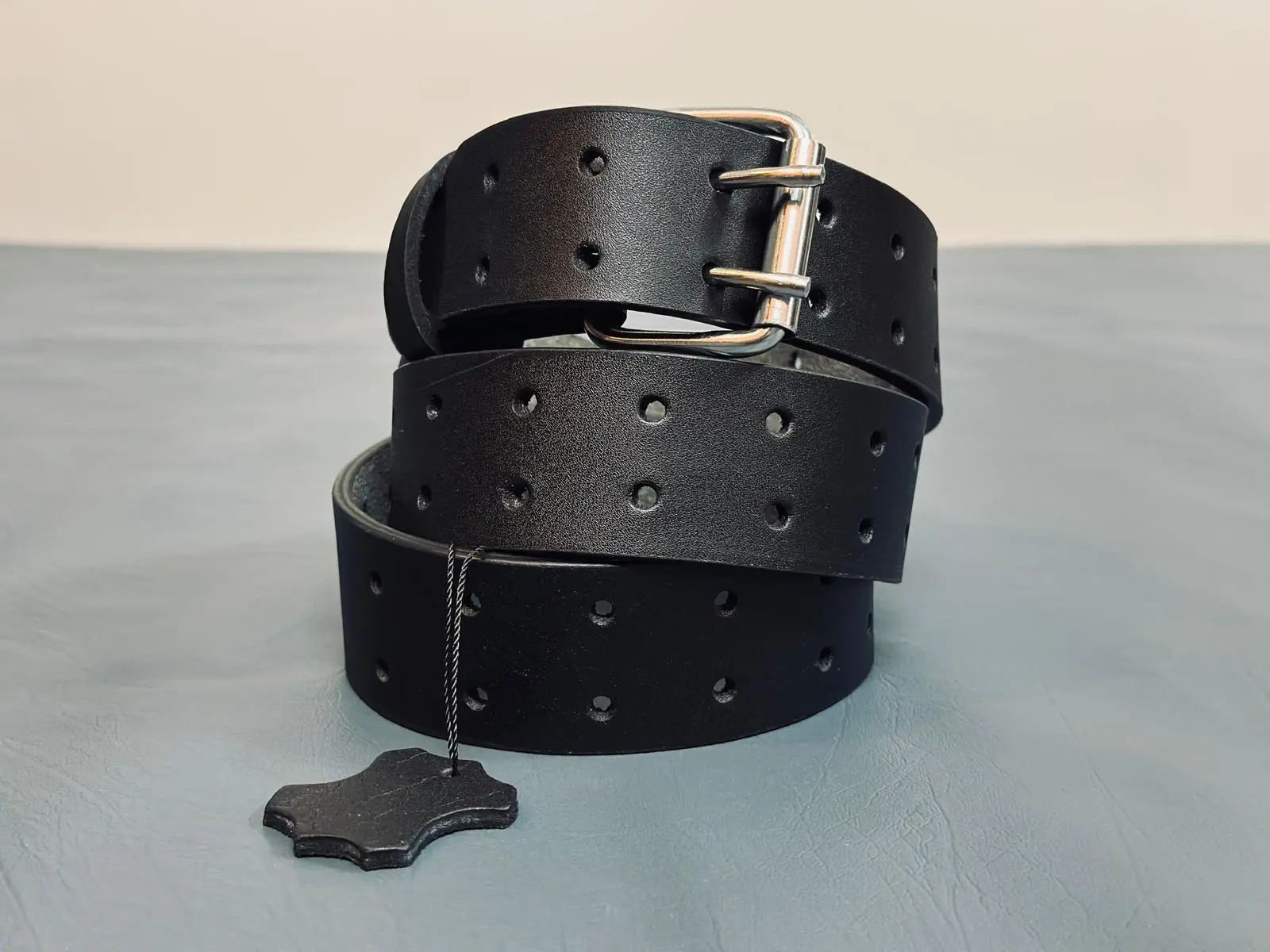 Men's Leather Belt, Genuine Buffalo Full-Grain Leather Belt for Men, Black Double-Prong Buckle, Heavy-Duty Adjustable Belt for Work & Casual Jeans Size from S to XL