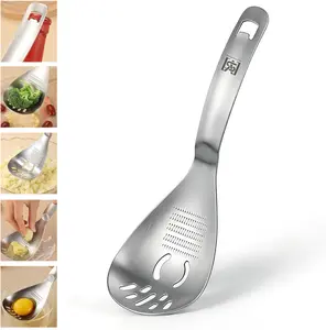 Multi-Function Cooking Spoon with Potato Masher, Egg Yolk Separator, Grater Plate, Bottle Opener & Slotted Spoon - 304 Stainless Steel, MEIYUSHENG outdoorfun