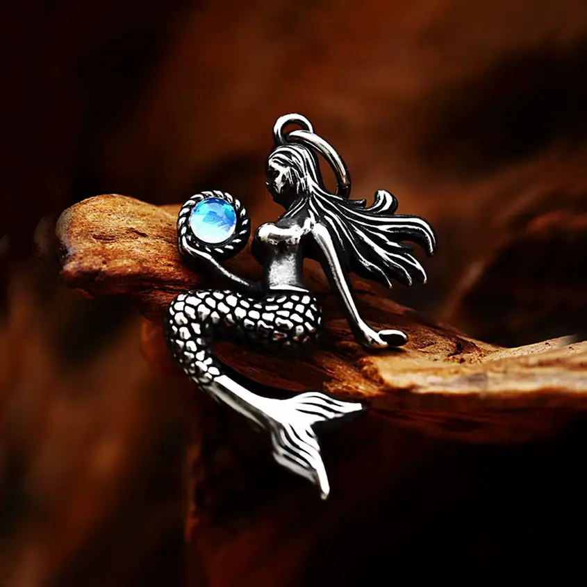 Vintage 316L Stainless Steel Mermaid Amulet Pendant Necklace (60cm)
