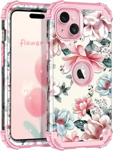 Compatible with iPhone 15 Plus Case,Heavy Duty 3 in 1 Shockproof Protection Hard Plastic+Silicone Rubber Hybrid Full-Body Drop Protective Case for Apple iPhone 15 Plus,Baby Pink Flower