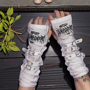[Y2K Punk Fingerless Gloves] 1 Pair Y2K Punk Fingerless Gloves with Metal Buckles & Embroidered Design - Black Acrylic Arm Covers for Party Wear, Trendy Outfits, Accessories, Y2K Fashion, Durable Fashion Accessory
