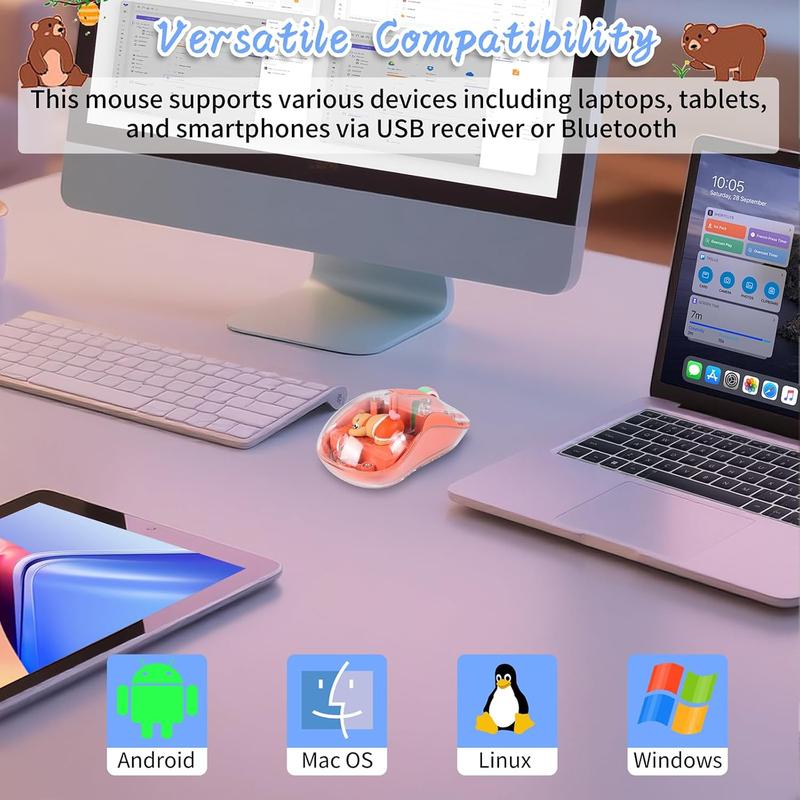 Cute Wireless USB C Mouse - Bluetooth Triple Mode Rechargeable Cartoon Mouse for Laptops, iPads & MacBook Air/Pro - Silent Operation, Portable Design, Unique Magnetic Character (Orange)