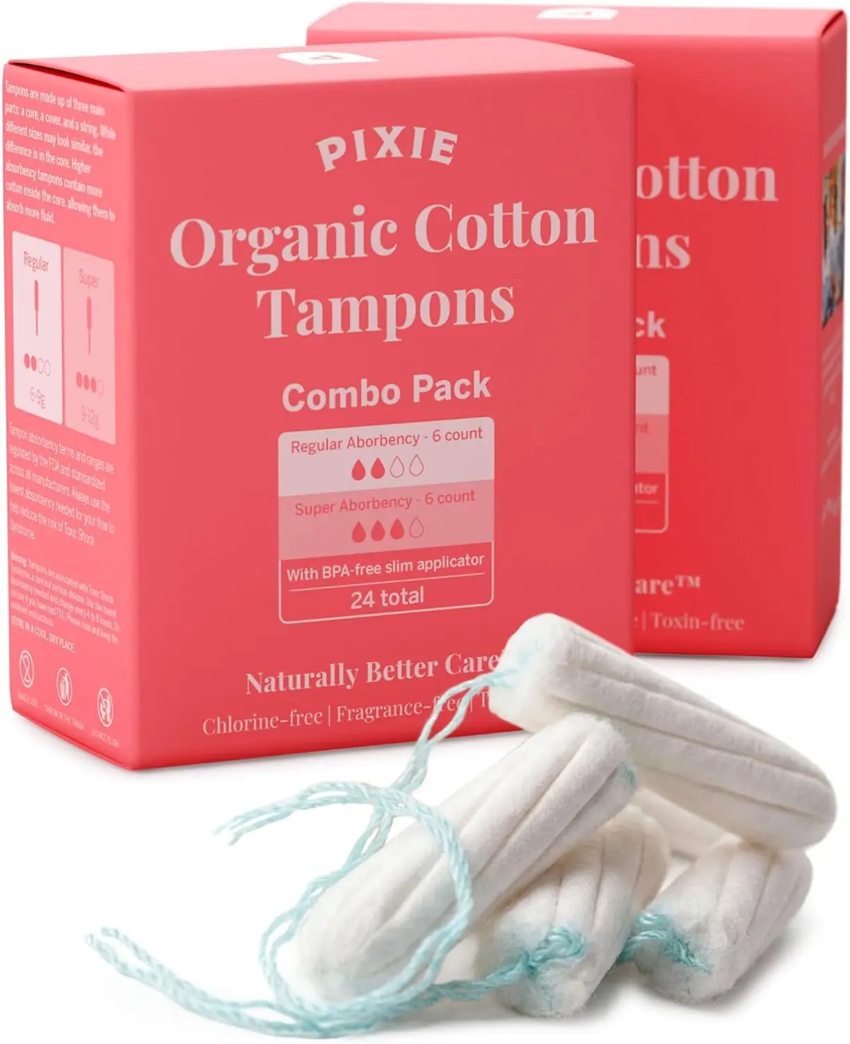 Pixie Organic Cotton Tampon Combo Pack – Regular & Super Absorbency – BPA-Free Long Applicator – Unscented, Chlorine-Free Feminine Care – 48 Count