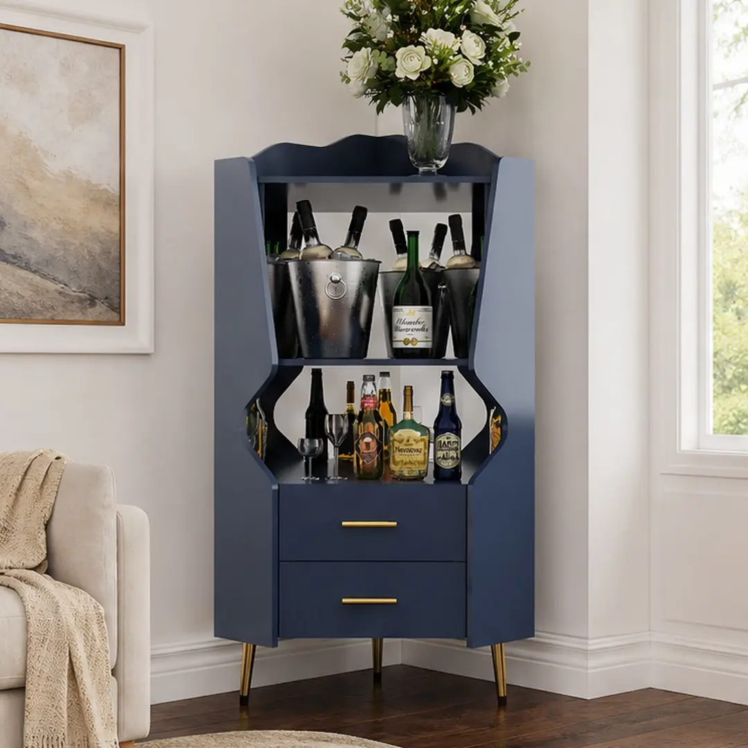 ARCH Wooden Corner Bar Cabinet with 2 Drawers and 2 Open Shelves, Mirrored Back Sideboard Buffet Cabinet for Dining Room Living Room, Freestanding Storage Cabinet with High Legs, Blue Engineered Wood, Multiple Color Options, Engineered Wood Material