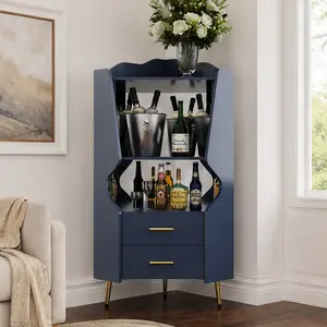 ARCH Wooden Corner Bar Cabinet with 2 Drawers and 2 Open Shelves, Mirrored Back Sideboard Buffet Cabinet for Dining Room Living Room, Freestanding Storage Cabinet with High Legs, Blue Engineered Wood, Multiple Color Options, Engineered Wood Material