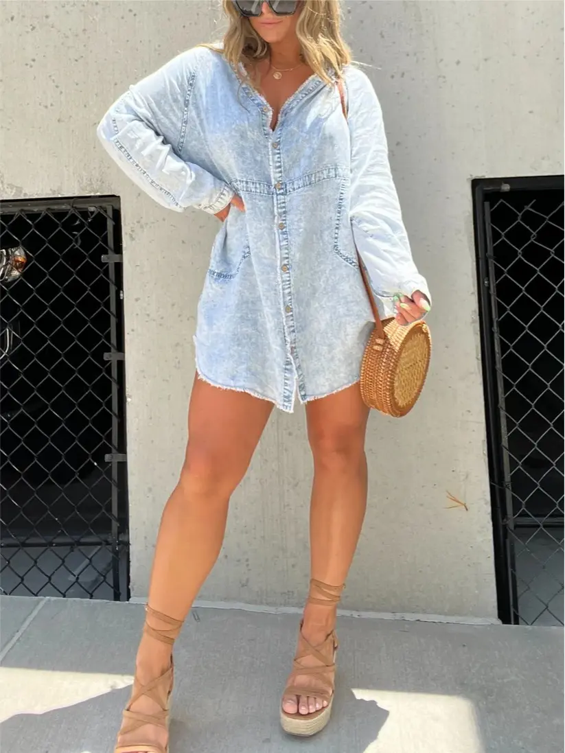 Women's Washed Button Denim Skirt Casual Womenswear Long Sleeve