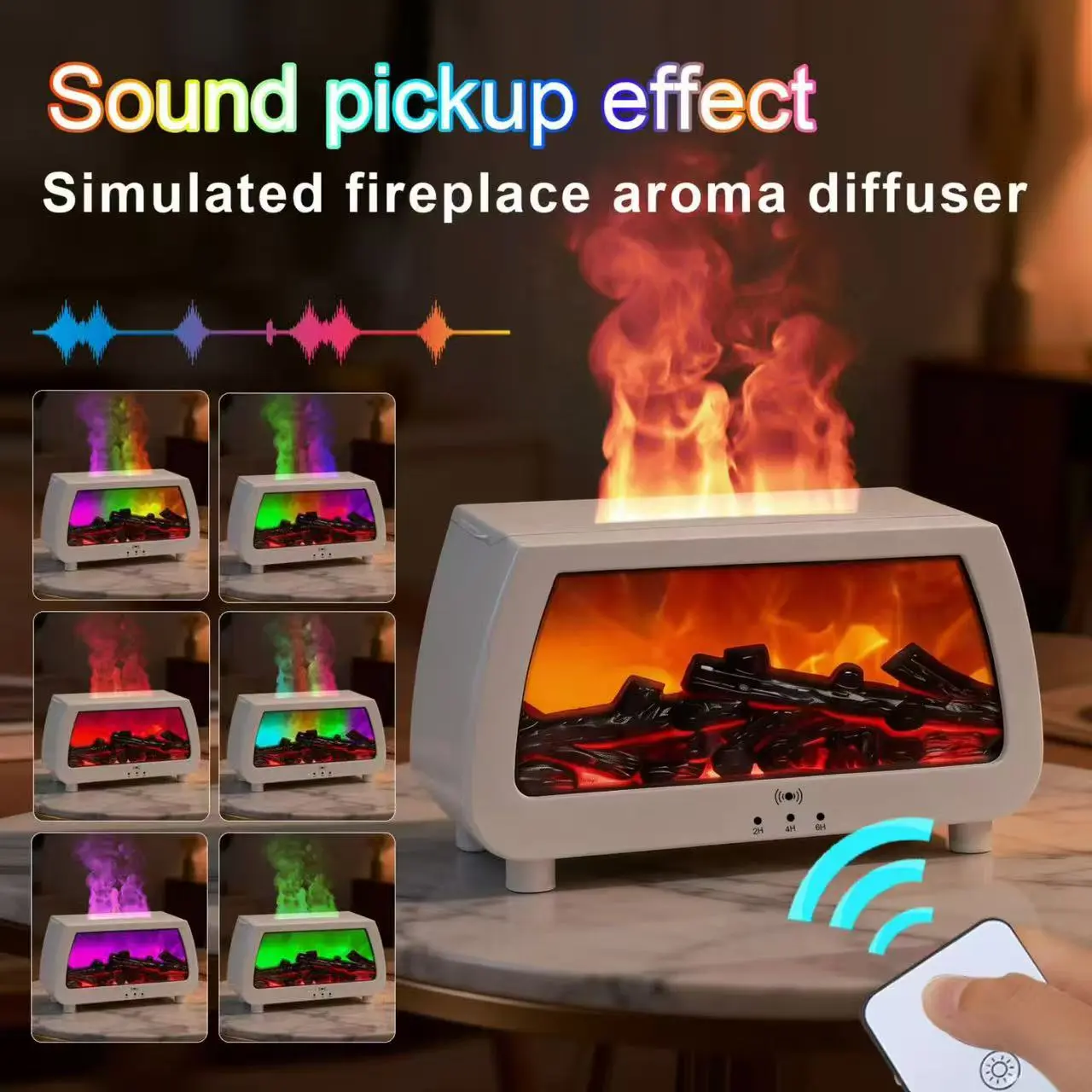 Rectangular Sound Reactive Fireplace Humidifier Aromatherapy Machine - 300ml Ultrasonic Cool Mist Diffuser, Music Sync Flame Effect, Timer, Auto-Off, Home Decor for Bedroom, Ideal Gift for Adults