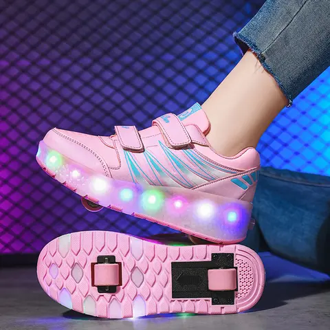 Girls' Synthetic PU Leather LED Light Platform Low-Top Thick-Soled Roller Skates, Round Toe, Velcro, All Seasons, Kid-Ready Lights Casual Trainers, Ideal Birthday & Holiday Gifts